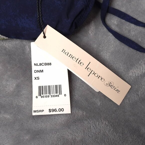 Nanette Lepore Swim XS Navy Crochet Trim Halter Bikini Top Adjustable Back Ties - Picture 3 of 5